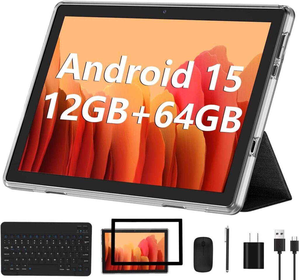 ECOPAD Android 15 Tablet 2025 New 10 Inch Tablets with 12GB RAM + 64GB ROM + 1TB Expanded Ouad-Core, 2 in 1 Tableta with Keyboard Mouse WiFi 6 Bluetooth, GMS Certified IPS Touch Screen Tablet - Black Set