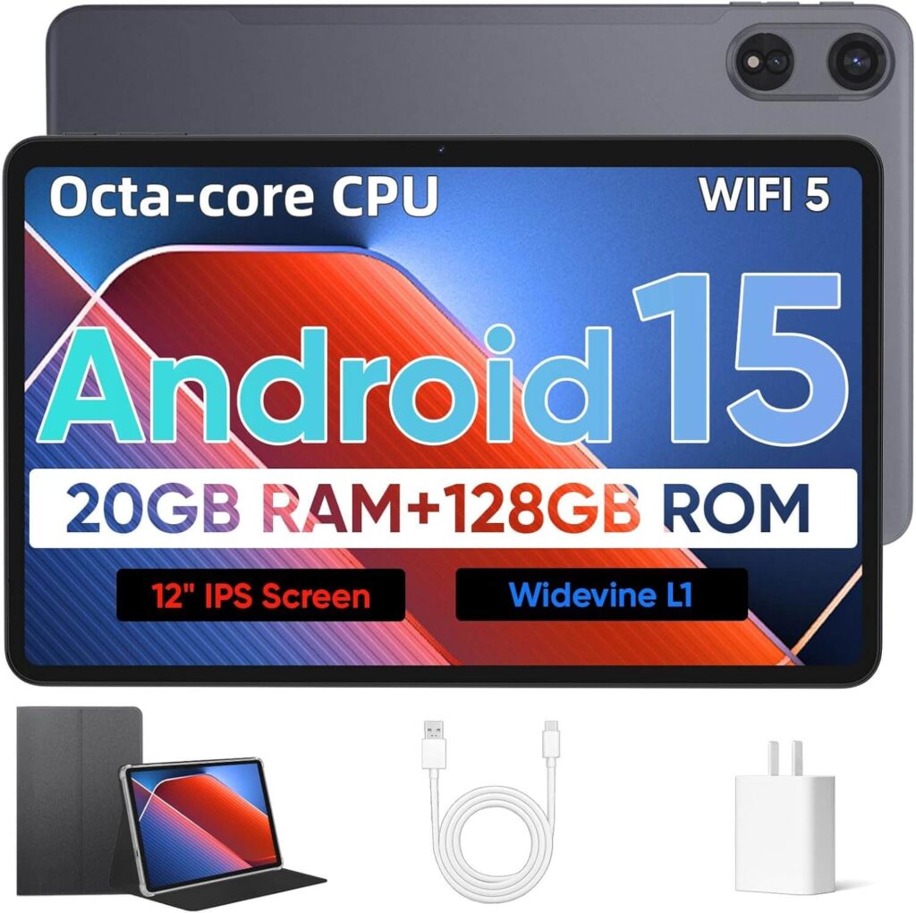 Android 15 Tablet with Octa-Core Processor, 12 Inch Tablets 20GB RAM (6+14GB), 128GB ROM+1TB Expand, 2000 * 1200 IPS Touch Screen, 8000mAh Battery 18W Fast Charge, 2.4/5Ghz Dual Band WiFi - Black