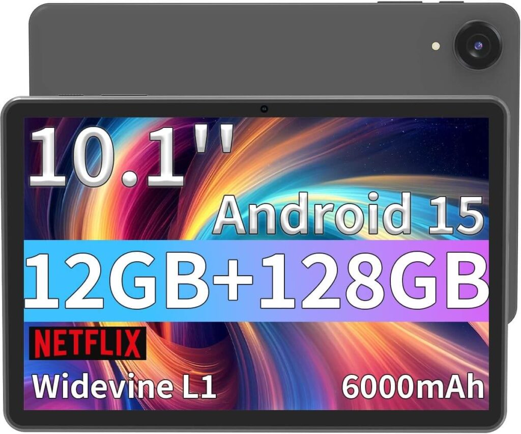 ECOPAD Android 15 Tablet, 10.1 Inch Tablets with Octa-core Processor,HD IPS Screen, 12GB RAM+128GB ROM, Support 1TB Expansion, Dual Band WiFi, BT 5.0,18W Fast Charge and Long-Lasting Battery,Black